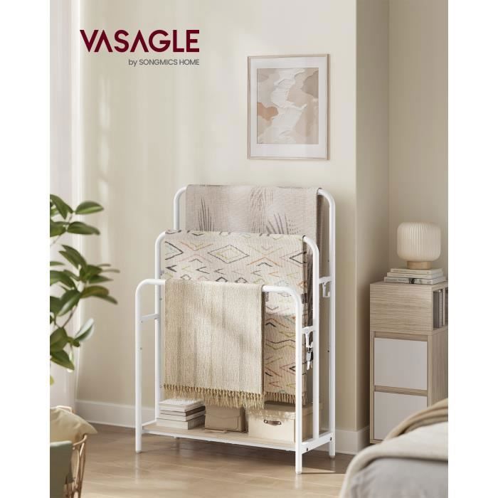 Porte Serviette Salle de Bain sur Pied 3 Barres 70 x 30 x 100 cm 2 Crochets Blanc Mat et Beige Naturel