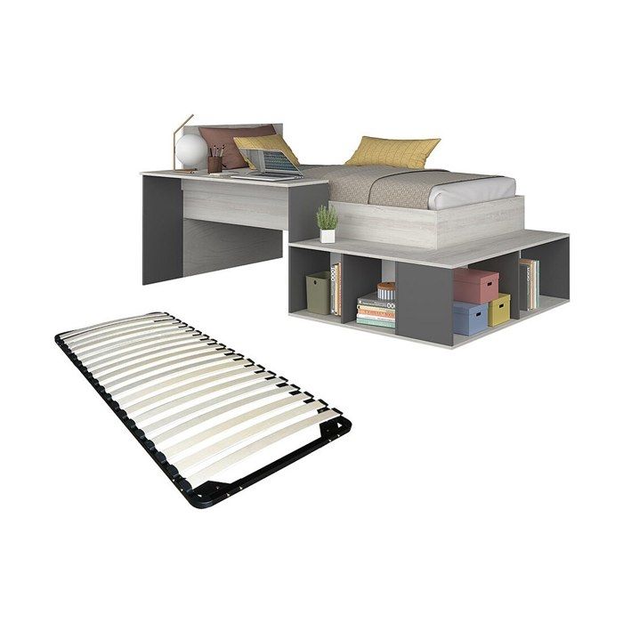 Lit 90 X 200 Cm Avec Tête De Lit - 2 Tiroirs Et étagères - Bois Et Sommier à Lattes - Pour
