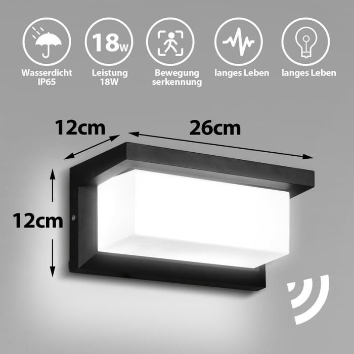 Applique Murale intérieur/Extérieur avec Détecteur de Mouvement,LED 24W Moderne Luminaire Murale, 3000K IP65 blanc chaud,Noir B - Maison
