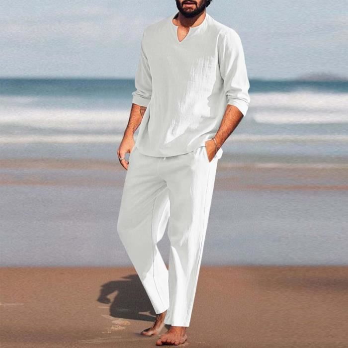 Ensemble 2 pieces en coton et lin pour homme Tenue d ete Tenue de sport 2 pieces Tenue a manches courtes Blanc