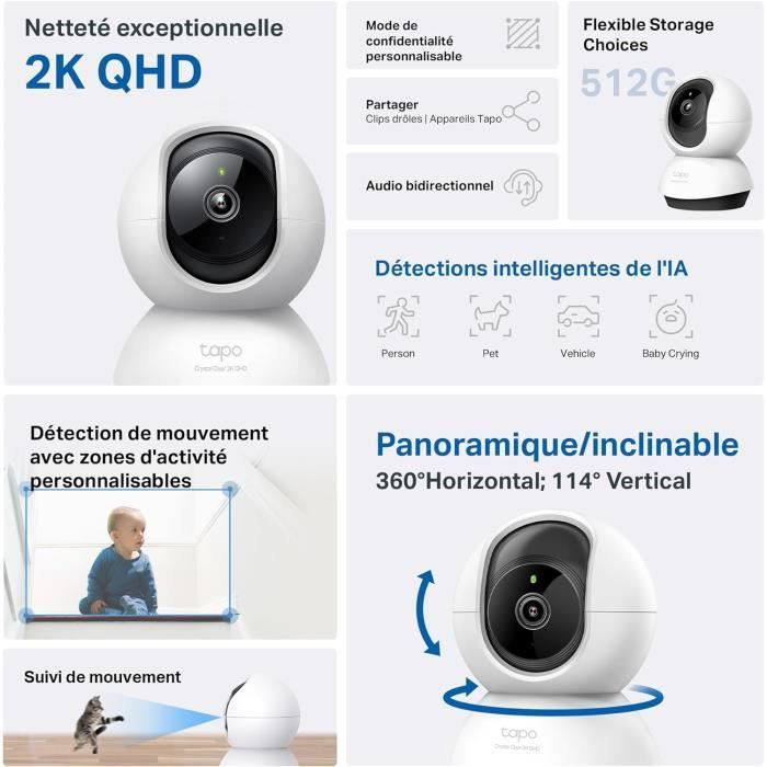 Caméra Surveillance WiFi Intérieure Mercusys MC210 - 2K, 360°, Vision Nocturne 12 M, Détection Personne, Compatible Alexa