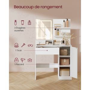 Coiffeuse Melina Avec Miroir LED - 100cm, Blanc Et Chêne - Table De Maquillage Avec Rangements Et éclairage 3 Tons