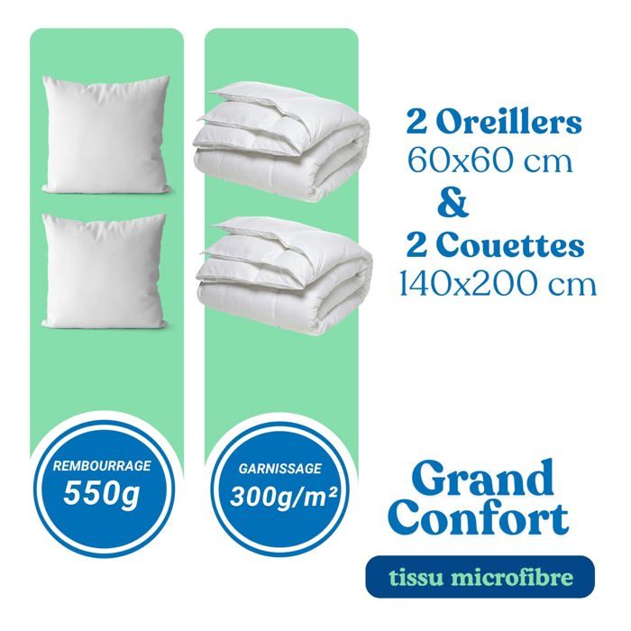 Ensemble Couette 140x200 Cm + Oreiller 50x70 Cm - Blanc, 450 G/m², 100% Polyester, Lavable Machine