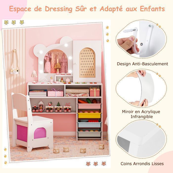 Dressing Pour Enfants ZONEKIZ Design Nuage Avec Miroir, Tabouret Et Tiroir - Rose