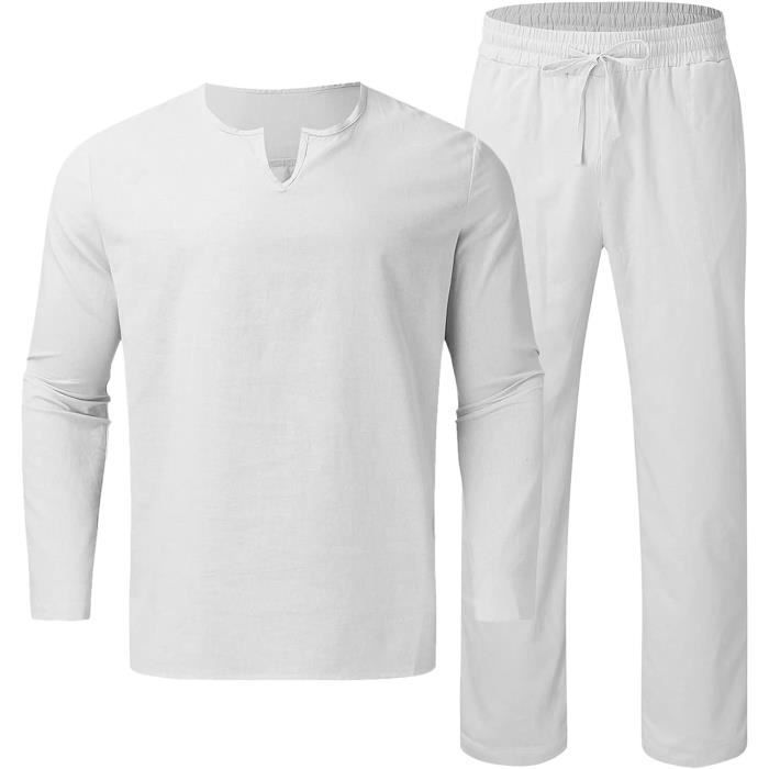 Ensemble 2 Pièces Homme été - Chemise à Manches Courtes + Short Ample - Tissu Léger Type Lin - Couleur Unie