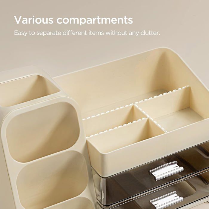 HBlife Organiseur de maquillage avec support de brosse pour coiffeuse, grand organisateur de comptoir de salle de bain en plastique, rangement facile de rouges à lèvres, vernis à ongles, parfums