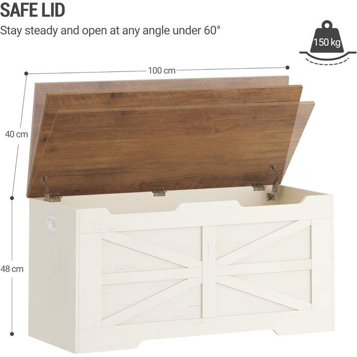 Timberer – Coffre De Rangement En Bois 100 Cm – Banc à Chaussures Ou Coffre Salon – Blanc – Charge Max 136 Kg – 2 Charnières Sécurité