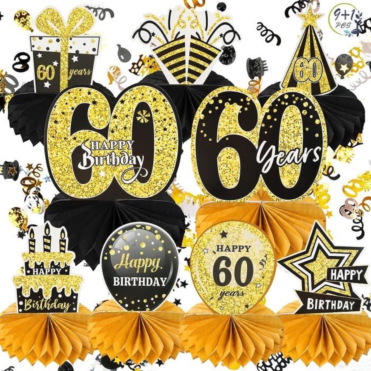 Décorations De Table Anniversaire Nid D'abeille – Lot De 8 Pièces Noir Et Doré