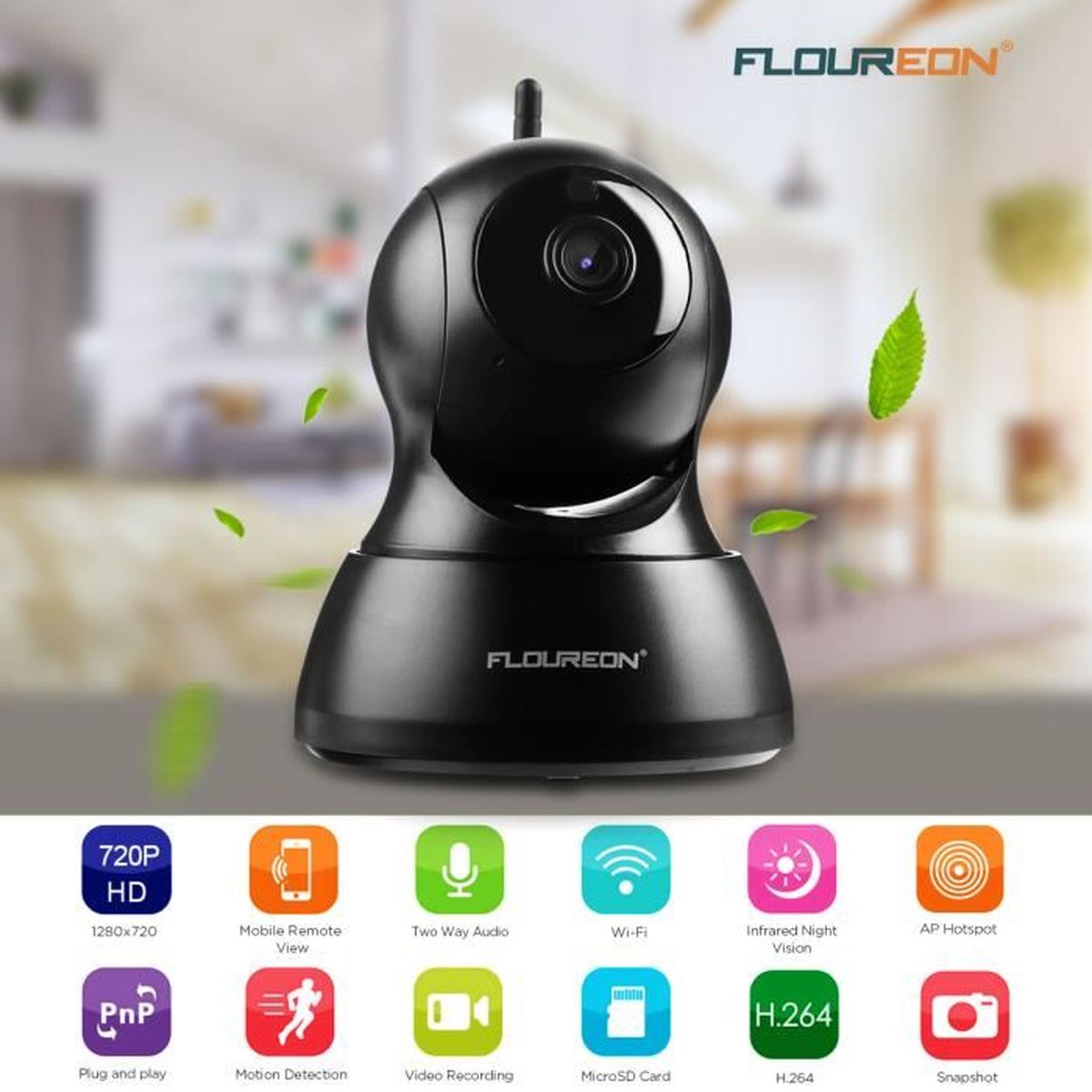FLOUREON 720P 1.0MP HD Wifi CCTV IP Caméra Intérieur Sans fil IR LED