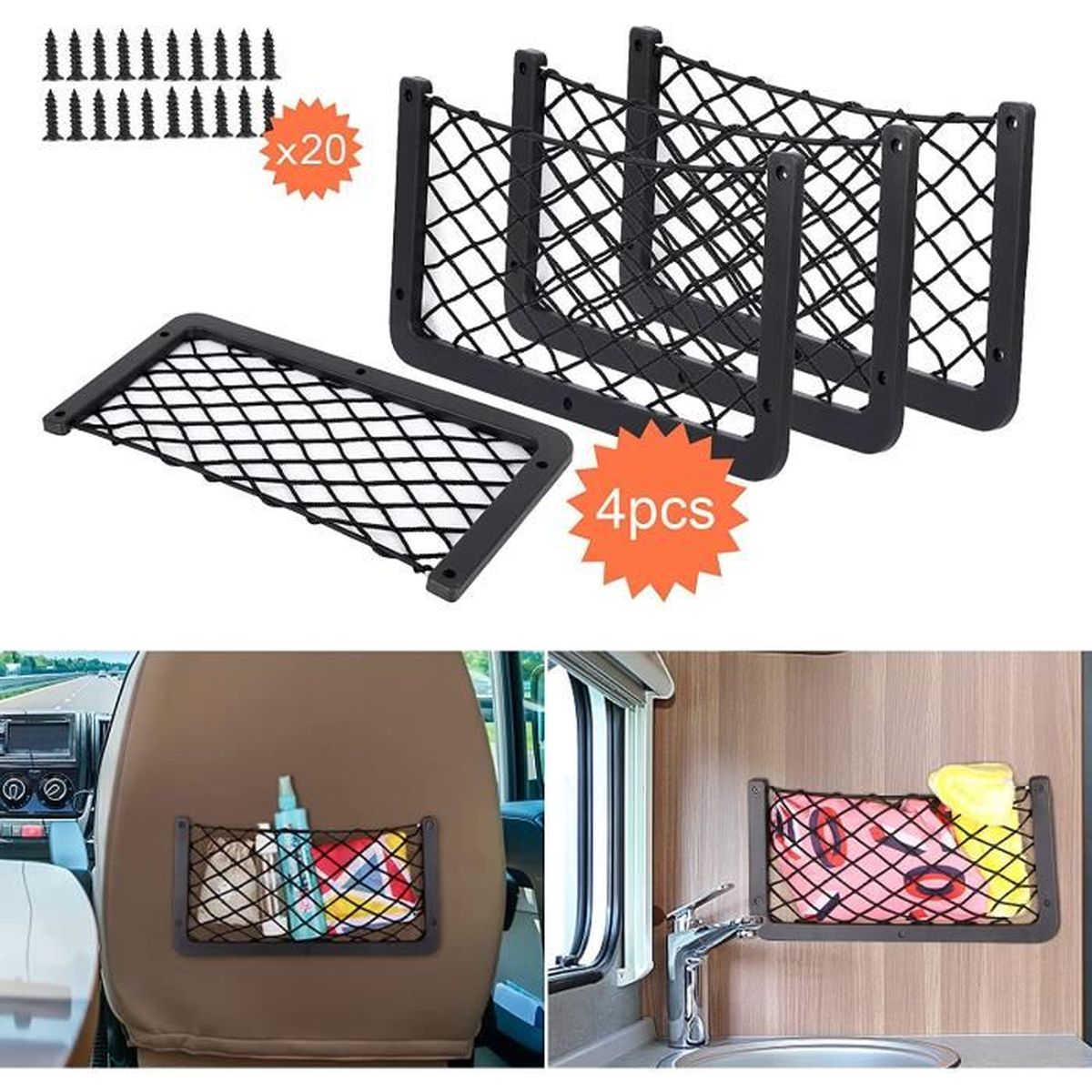 Filet De Rangement Voiture - Lot De 4 (42x21 Cm) - Pour Auto, Camping-car, Garage - Fixation Vis Incluse
