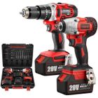 TEENO Pack 2 outils Perceuse à percussion + clé à chocs brushless 20V 2*Batteries 3Ah + emboûts