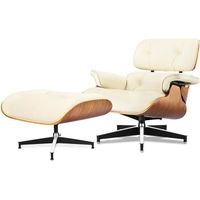 Fauteuil Relax de Salon en Cuir Mid-Century Fauteuil Lounge Chair avec Repose-Pied 1 place - Beige et Noyer - 95 x 88 x 45cm