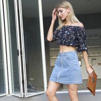 Jupe,Mini jupe en jean pour femmes, mode coréenne, Slim, taille haute, élastique, droite, Sexy, Harajuku, Vintage - Blue[C43985]