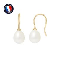 PERLINEA - Boucles d'Oreilles Crochet - Véritables Perles de Culture d'Eau Douce 7-8 mm Blanc Naturel - Or Jaune - Bijoux Femme