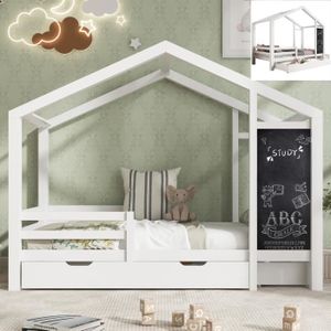 STRUCTURE DE LIT Lit enfant cabane 90x200cm - JAERLIUB - avec tiroirs et tableau noir - bois massif - blanc