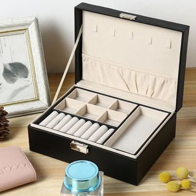 Boîte à Bijoux En Cuir 2 Étages Avec Oreiller Montre | Rangement Bagues, Colliers, Bracelets - Noir