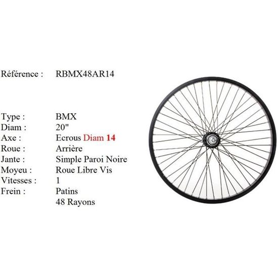 ROUE BMX ARRIERE 20 pouces 48 rayons couluer NOIR CNC AXE 14 Cdiscount Sport