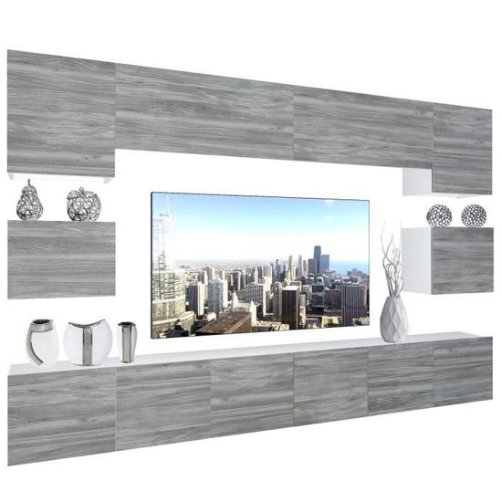 Meuble TV Mural BELINI NEX I - Ensemble Salon Noir Brillant Avec éclairage LED - Dimensions 300x180x36cm