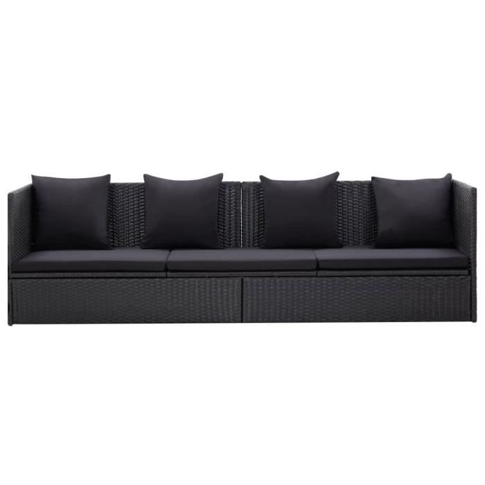 PETT Canapé d'extérieur et coussin et oreiller acier enduit de poudre, tissu Résine tressée 200 x 60 x 58 cm Noir