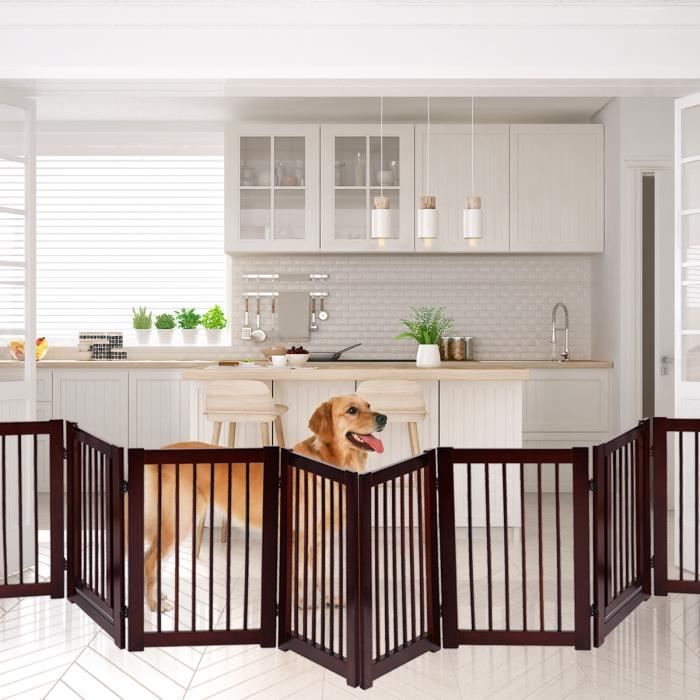 DREAMADE Barrière de protection pour chiens pliable, grille de protection pour chiens en bois massif, panneaux pivotants