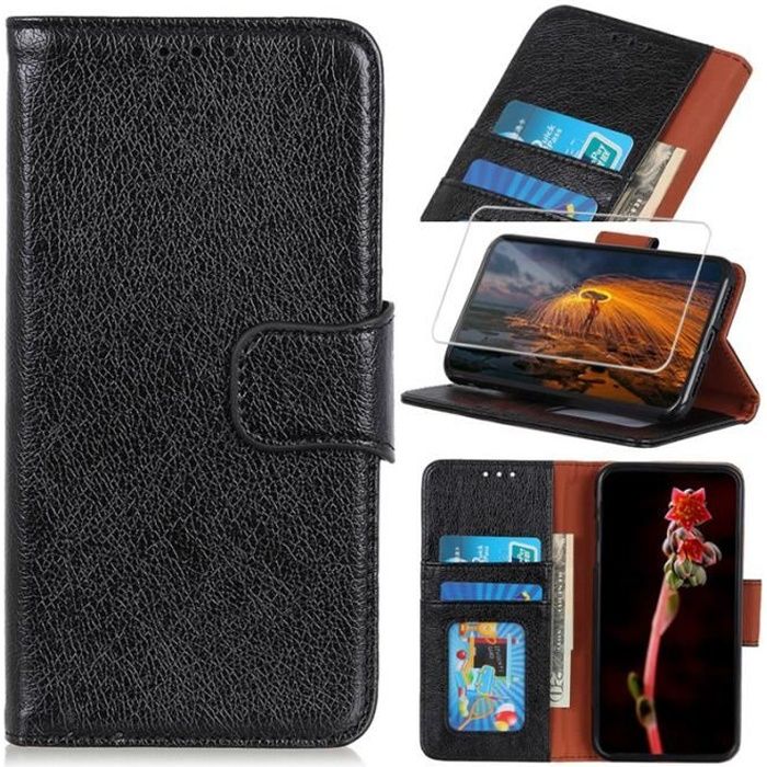 Film trempé + Etui pour Samsung Galaxy A51 6.5- ,Housse Etui en Cuir PU avec Portefeuille de Cartes (Noir)