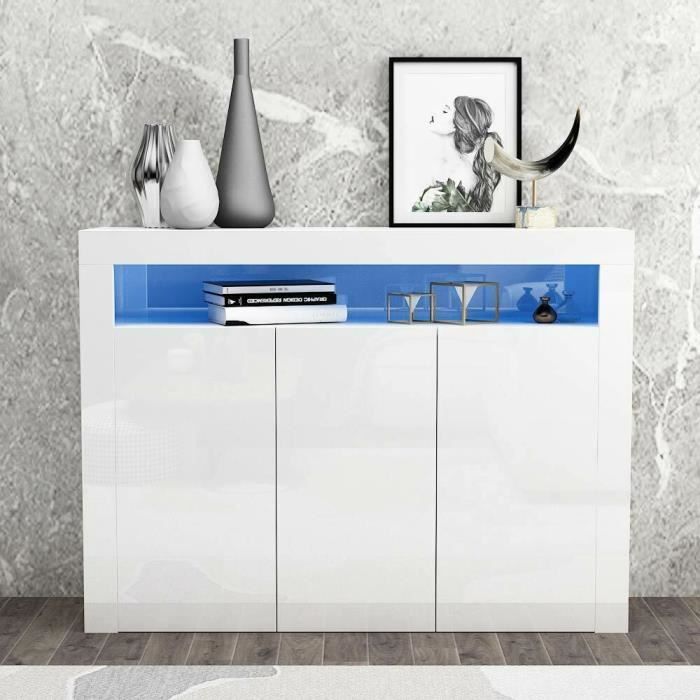 Dripex Buffet bas blanc style contemporain moderne laqué brillant - L 130 cm - 3 portes - buffet de cuisine