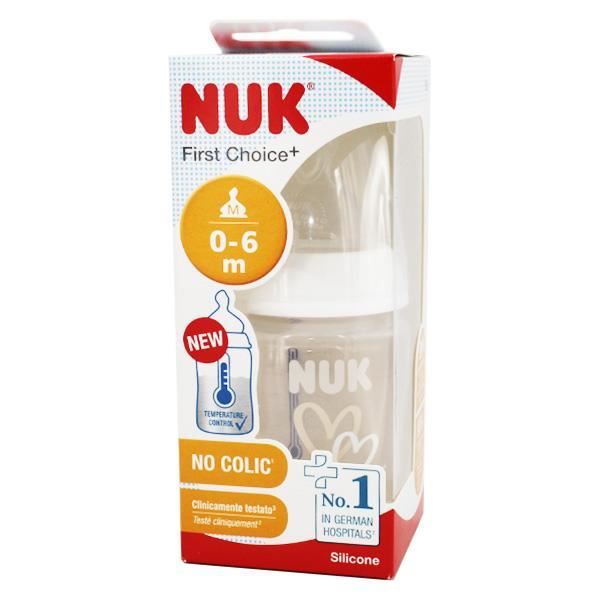 Nuk First Choice+ Biberon Silicone 0-6m Débit M Température Control Coeur Blanc 150ml