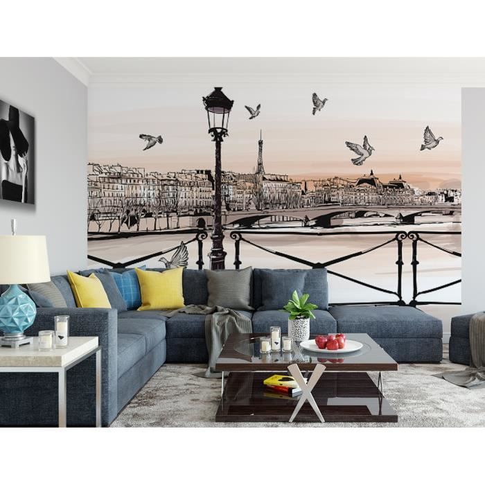 Papier peint finition satiné pré-encollé -Dessin coucher de soleil sur la Seine, Pont des arts, Paris- L, 411 x H, 270 cm