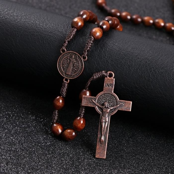 Chapelet Catholique avec Jésus sur la Croix Bois Foncé, Médaille et Croix de Saint Benoit, Bijou Chrétien