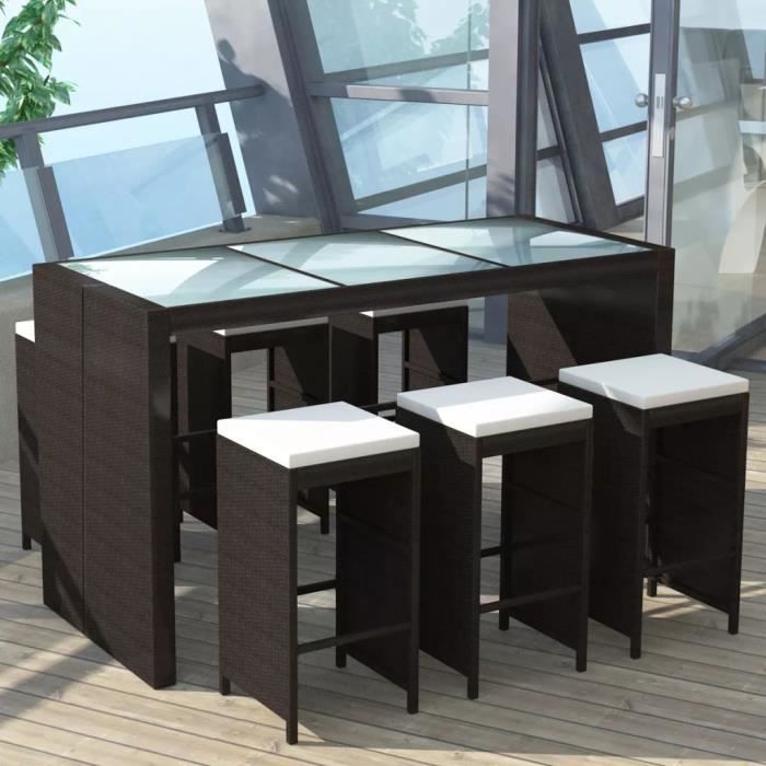 Meuble de bar de jardin 7 pcs contemporain Ensemble de bar Mange-Debout Table Haute - et coussins Résine tressée Marron