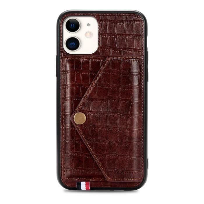 Étui iPhone 11, Cuir Porte-Cartes Motif à Crocodile Silicone Ultra-fin Support Housse Protection, Marron