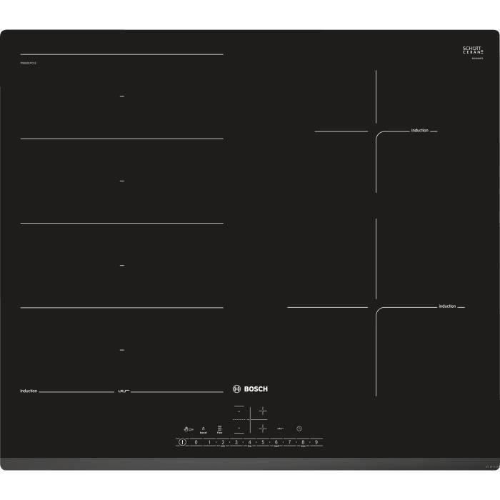 SHOT CASE - BOSCH PXE631FC1E - Table cuisson induction - 4 zones - 7400 W - L 51 x P 52,2 cm - Revetement verre - Noir
