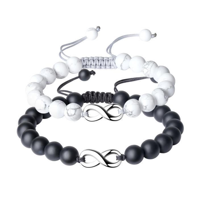 COAI Bracelets pour Couples Onyx Mat Howlite Signe Infini Cordon Ajustable