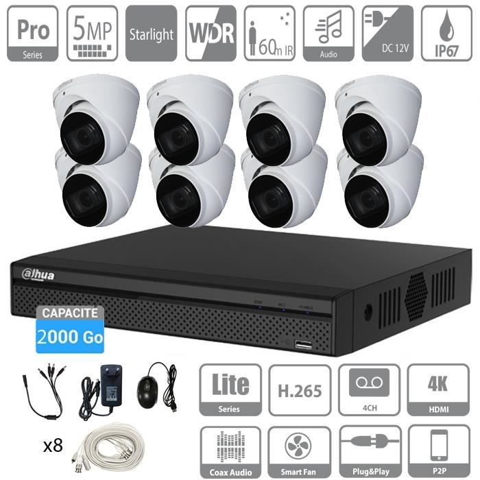 Kit vidéosurveillance 2To Go DAHUA Full HD 8 caméras dômes avec micro de 5 Mpx