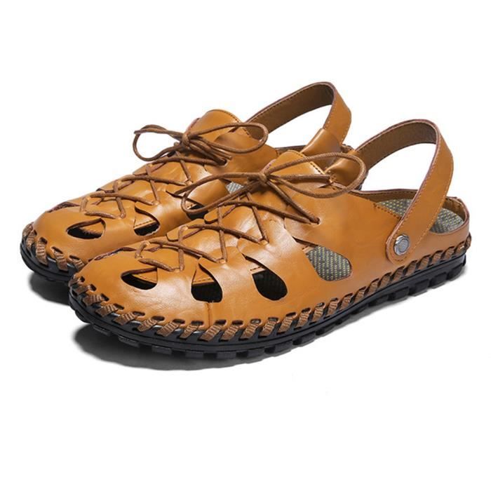 MBF® Homme Sandales Casual Plage Randonnée Sport Bout Fermé en Cuir de Vachette Chaussures de Plage Respirant Confortable - Brun