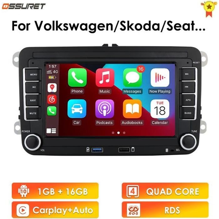 Android Autoradio pour VW Carplay/Android Auto 7 Pouces Écran Tactile Autoradio Bluetooth Voiture avec Lien Miroir/USB/FM Autoradio