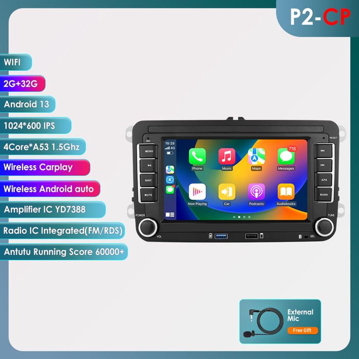 Android Autoradio pour VW Carplay/Android Auto 7 Pouces Écran Tactile Autoradio Bluetooth Voiture avec Lien Miroir/USB/FM Autoradio