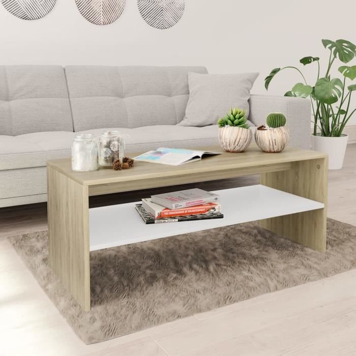Table basse design scandinave salon contemporain Blanc et chêne sonoma 100 x 40 x 40 cm Aggloméré