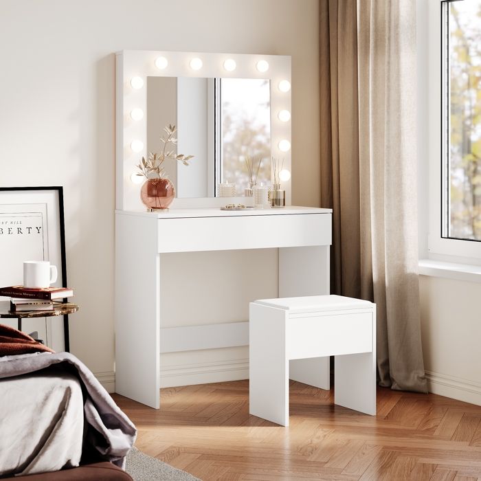 SIRHONA Coiffeuse avec Miroir et Tabouret Ensemble de Coiffeuse avec Ampoules LED à Intensité Variable Grand