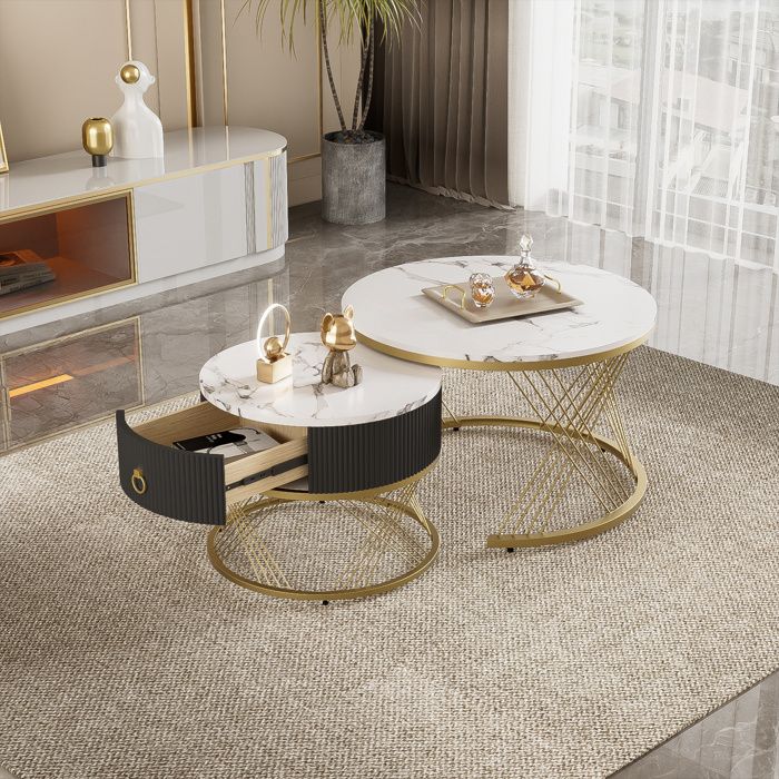 Tables basses salon Lot de 2 avec 1 tiroir de rangement Table dappoint Style moderne et élégant 70x70x45+50x50x40cm Blanc