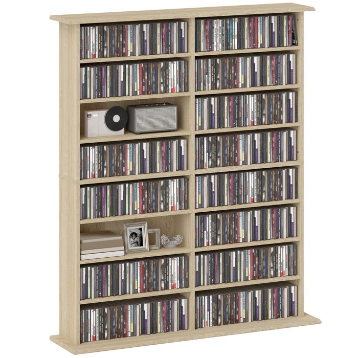 Rangements pour CD et DVD - HOMCOM - 16 compartiments et 12 étagères réglables - capacité max. 720 CD/396 DVD et Blu-ray - naturel