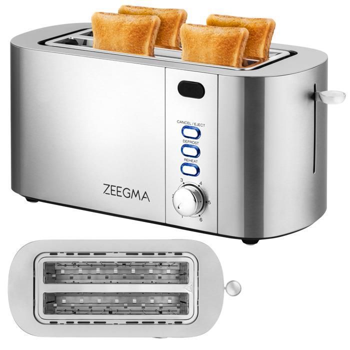 ZEEGMA TOSTEE CHEF 4-Scheiben Toaster - 1500 W, Edelstahl, Mit Brötchenhalter, 6 Toaststufen