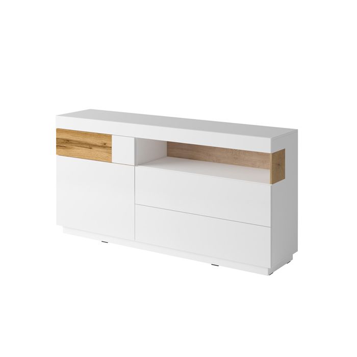 Buffet 1 porte 3 tiroirs Petits-meubles - Andrea - 169 x 40 x 85cm - Blanc et Bois