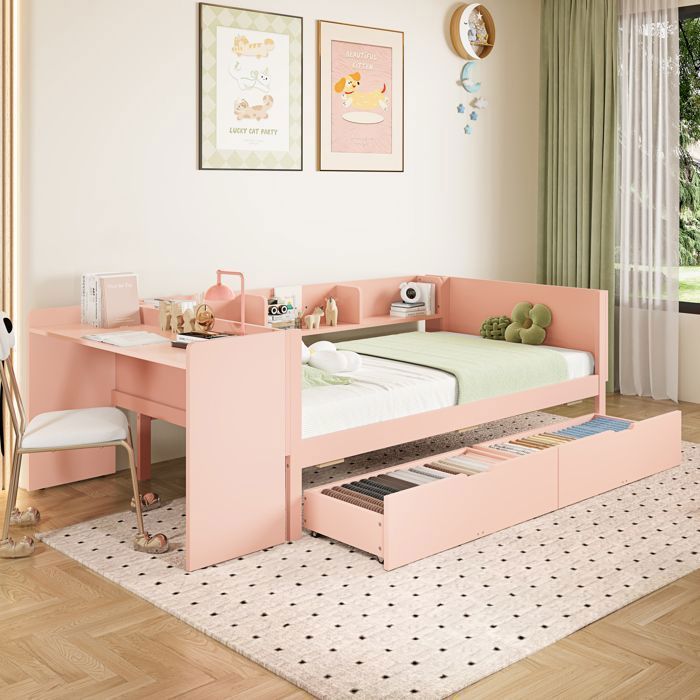 Lit plat lit en bois 90x200cm avec bureau équipé de 2 tiroirs lit simple (sans matelas) avec étagères