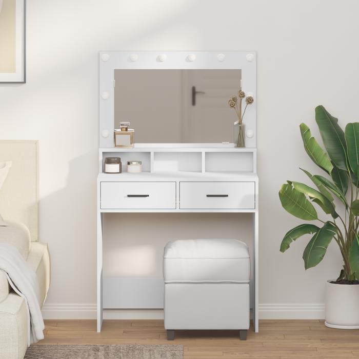 Moderne Coiffeuse Table de chambre avec lumières LED blanche 79x41x135 cm @FR(761279)