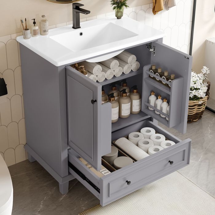 Meuble de salle de bain sur pied avec une vasque en céramique - 2 portes et 1 tiroir en bas - Gris(robinet non inclus)