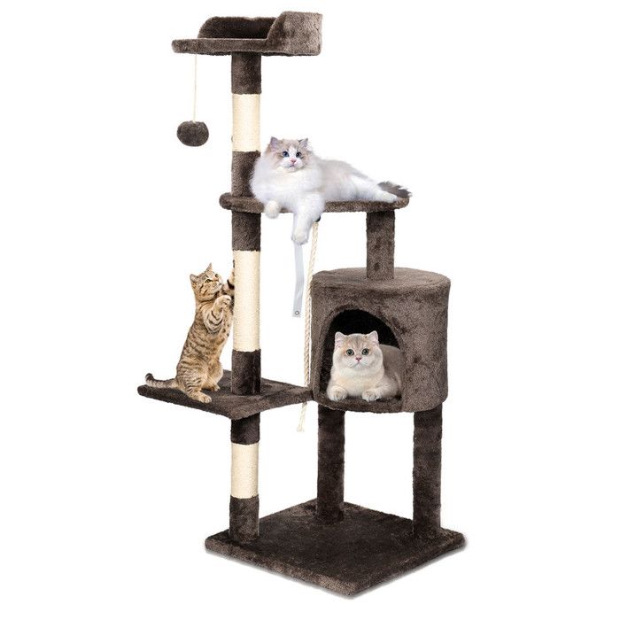 Meilleurs prix pour UKING-Arbre à chat 40 x 40 x 114cm - 3 plateformes 1 corde 1 niche  poteaux à griffer - Marron foncé