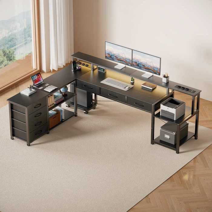 Bureau en L avec bande lumineuse LED tiroirs et étagères de rangement ports de recharge noir