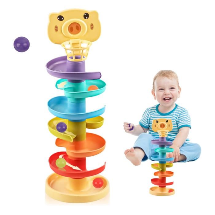 Jouet de Chute de Balle Tour Tourbillonnante en Rouleau Colorées Jouet Coulissant à Balle à 7 Couches avec 5 Billes Colorées Jeu
