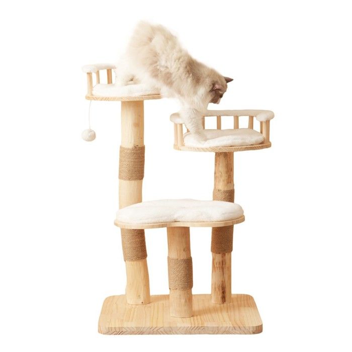 Meilleurs prix pour Arbre Chat Cadre escalade chat bois massif 98 cm-3 niveaux coussins amovibles balles jeu - Design nuage naturel & blanc